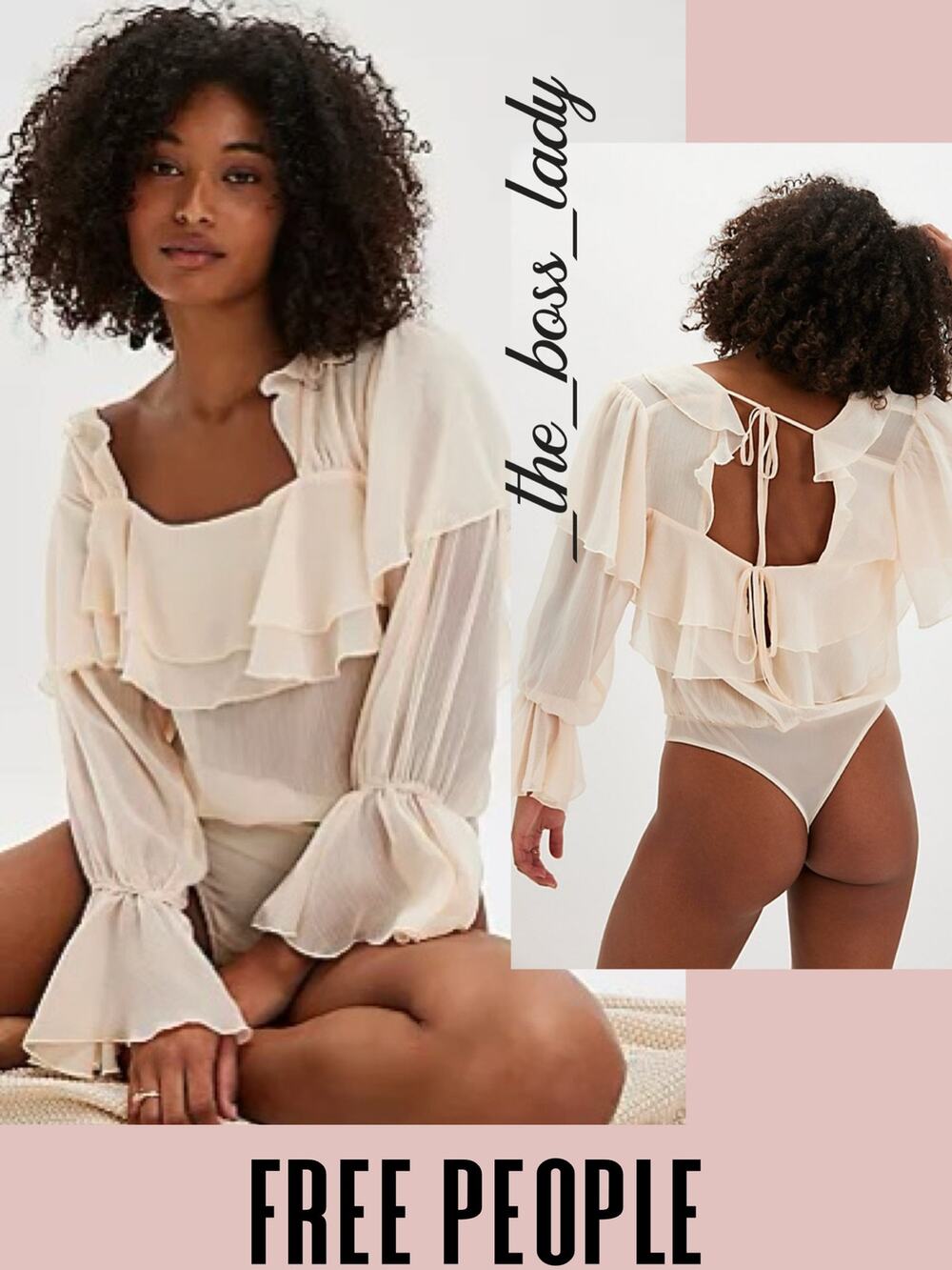 Free People bodysuit ruffled chiffon long sleeve top boho Large